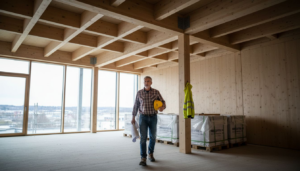 Anleggslederen går grundig gjennom den nye trekonstruksjonen på byggeplassen.