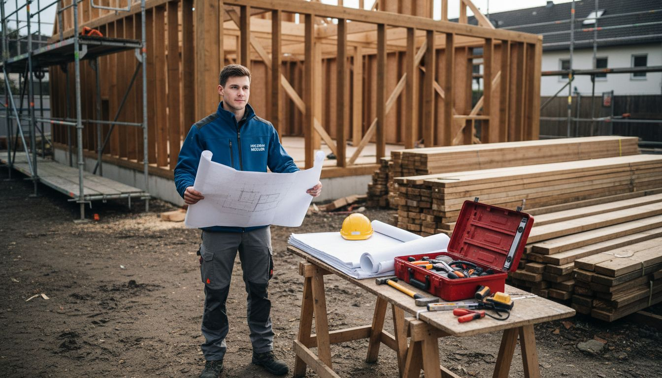 Der Bauleiter nimmt die Baupläne auf der Holzbaustelle genau unter die Lupe.