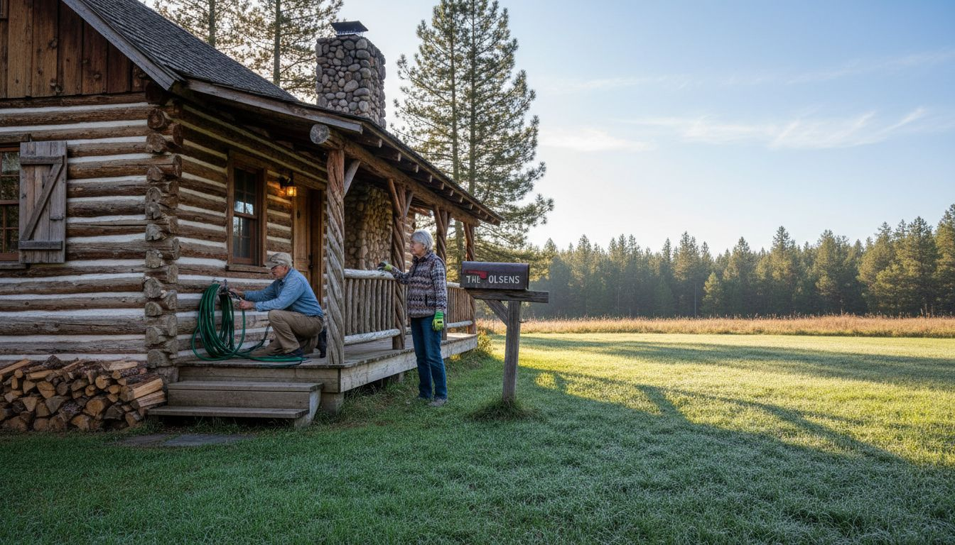 Couple at rustic log home with morning light