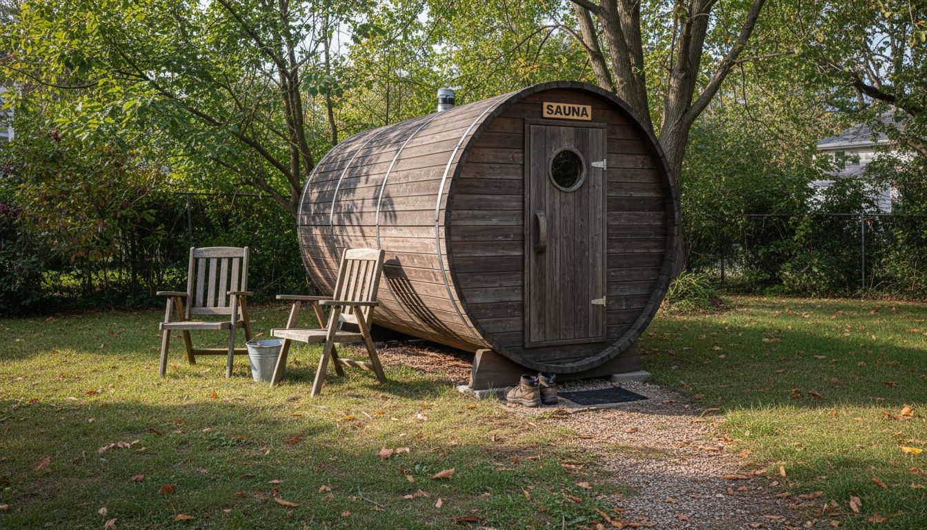 Im Garten steht eine Fasssauna, davor laden bequeme Stühle zum Ausruhen ein und ein Paar Stiefel wartet schon auf den nächsten Saunagang.