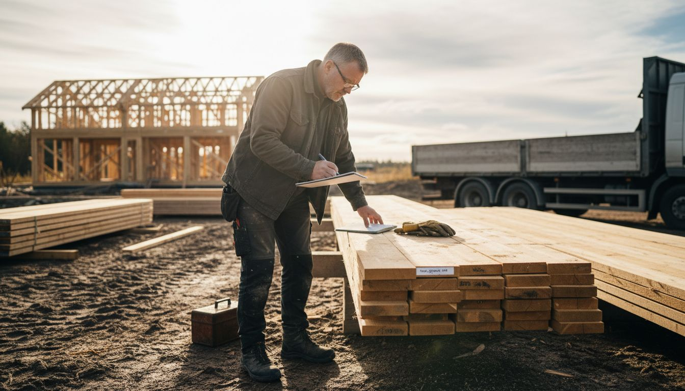 Byggnadsarbetare granskar finskt virke på byggarbetsplatsen