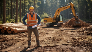Supervisor at timber building site under preparation
