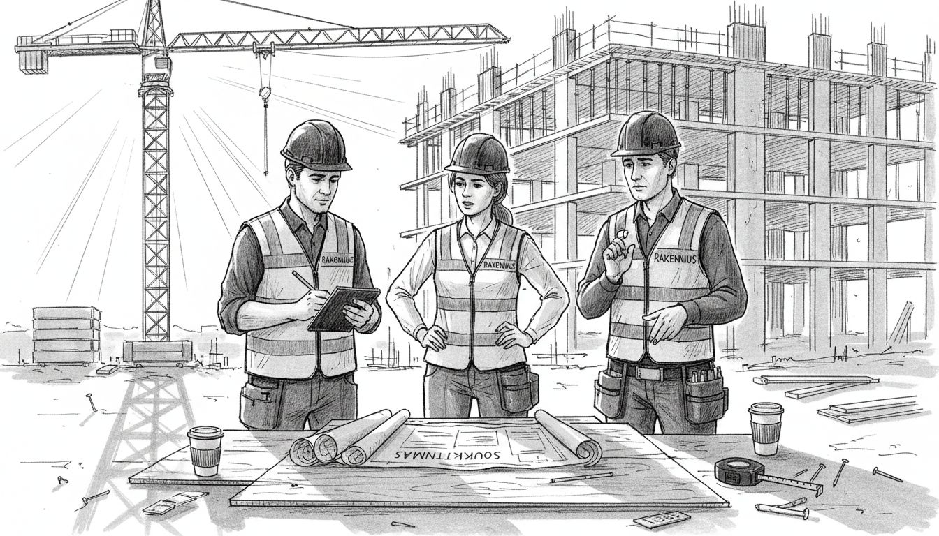 Rakennustiimi tutustuu piirustuksiin työmaalla.