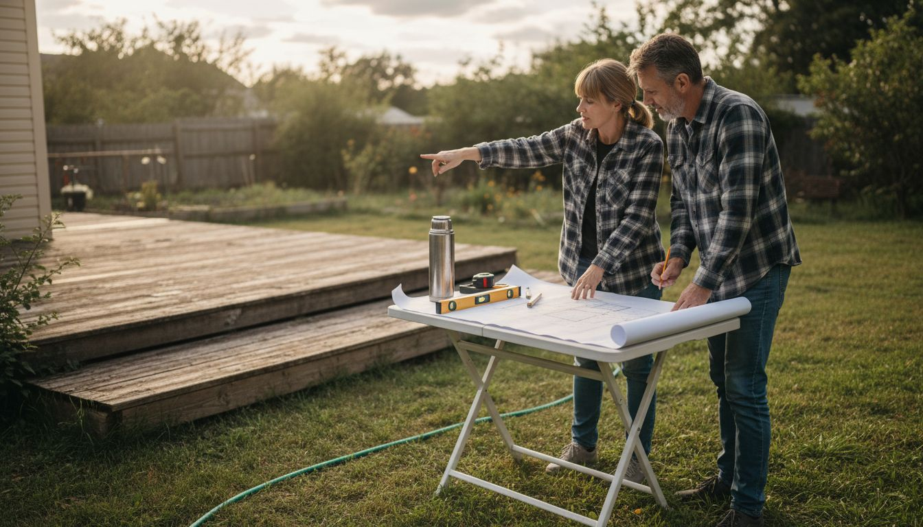 Couple reviewing sauna blueprints in backyard