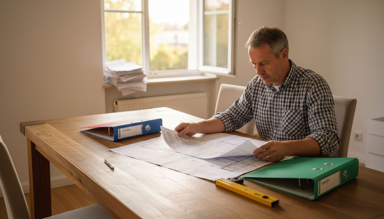 Der Bauherr nimmt die Baupläne am Holztisch genau unter die Lupe.
