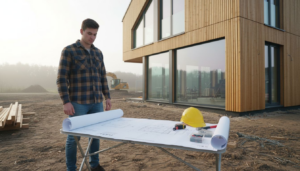 Ein Architekt begutachtet auf der Baustelle ein modernes Haus aus Holz.