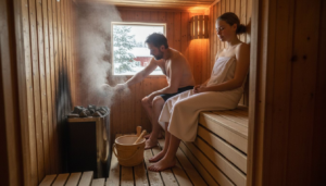 Hele familien koser seg med rolige stunder i husets egen badstue.