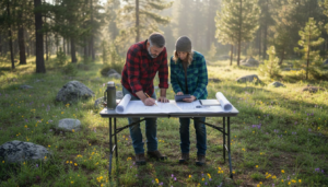Couple reviewing blueprints at log house site