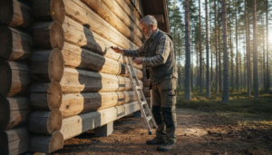 En person granskar en svensk träfasad utomhus för att kontrollera dess skick.