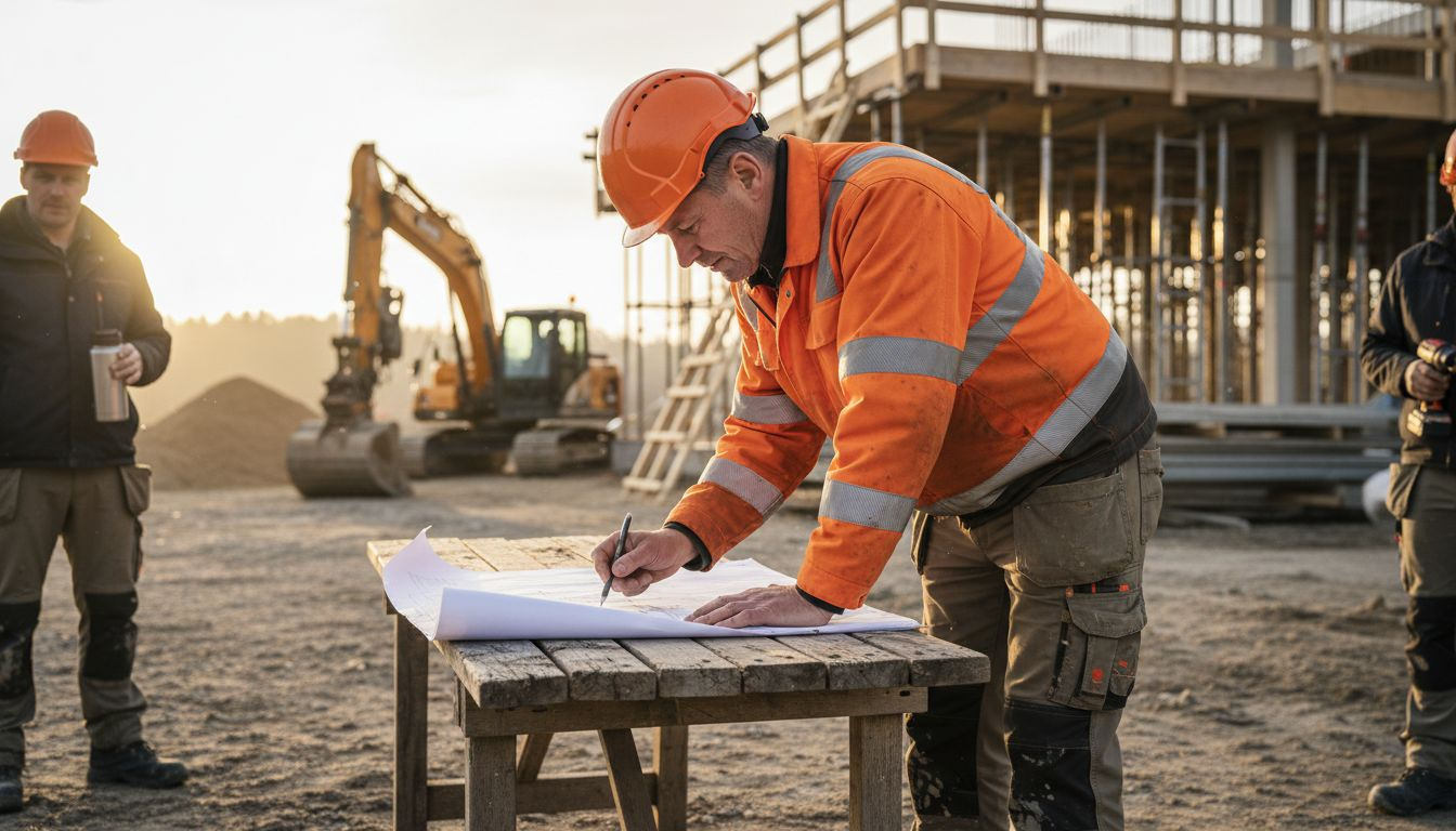 Platschefen går igenom ritningen tillsammans med bygglaget