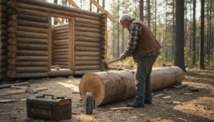 Ein erfahrener Zimmermann errichtet ein traditionelles Blockhaus im finnischen Stil.