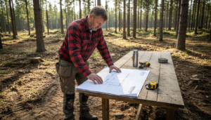 En snekker står ute i skogen og studerer byggetegninger på byggeplassen.