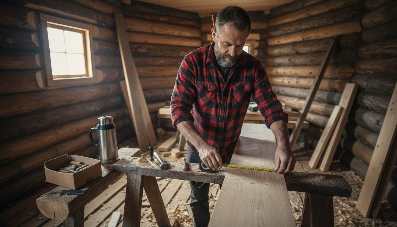 Carpenter measuring pine plank inside log sauna
