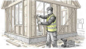 Rakennustyöntekijä pystyttämässä ekologista puutaloa Suomessa