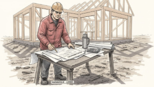 Työmaapäällikkö tarkistaa kustannusarviota rakennustyömaalla.