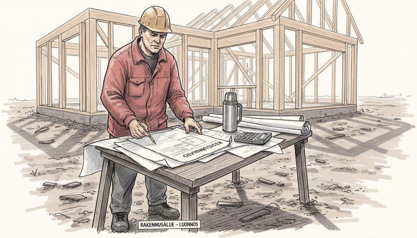 Työmaapäällikkö tarkistaa kustannusarviota rakennustyömaalla.