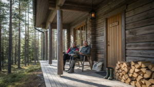 Couple relaxing on log villa porch in forest