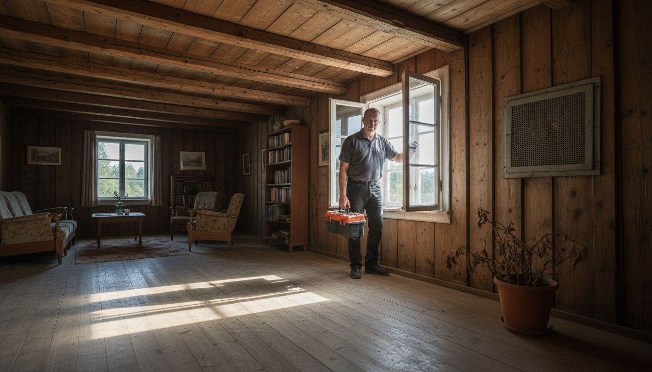 Man ser över ventilationen i vardagsrummet i trähuset för att säkerställa ett bra inomhusklimat.