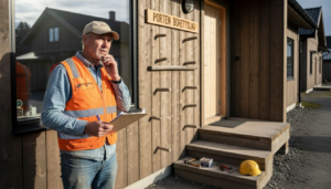 En bygginspektør sjekker at trebygget oppfyller alle gjeldende krav og forskrifter.
