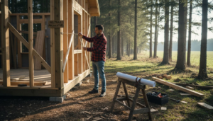Ein Architekt entwirft eine gemütliche Holzhütte mitten im Wald.