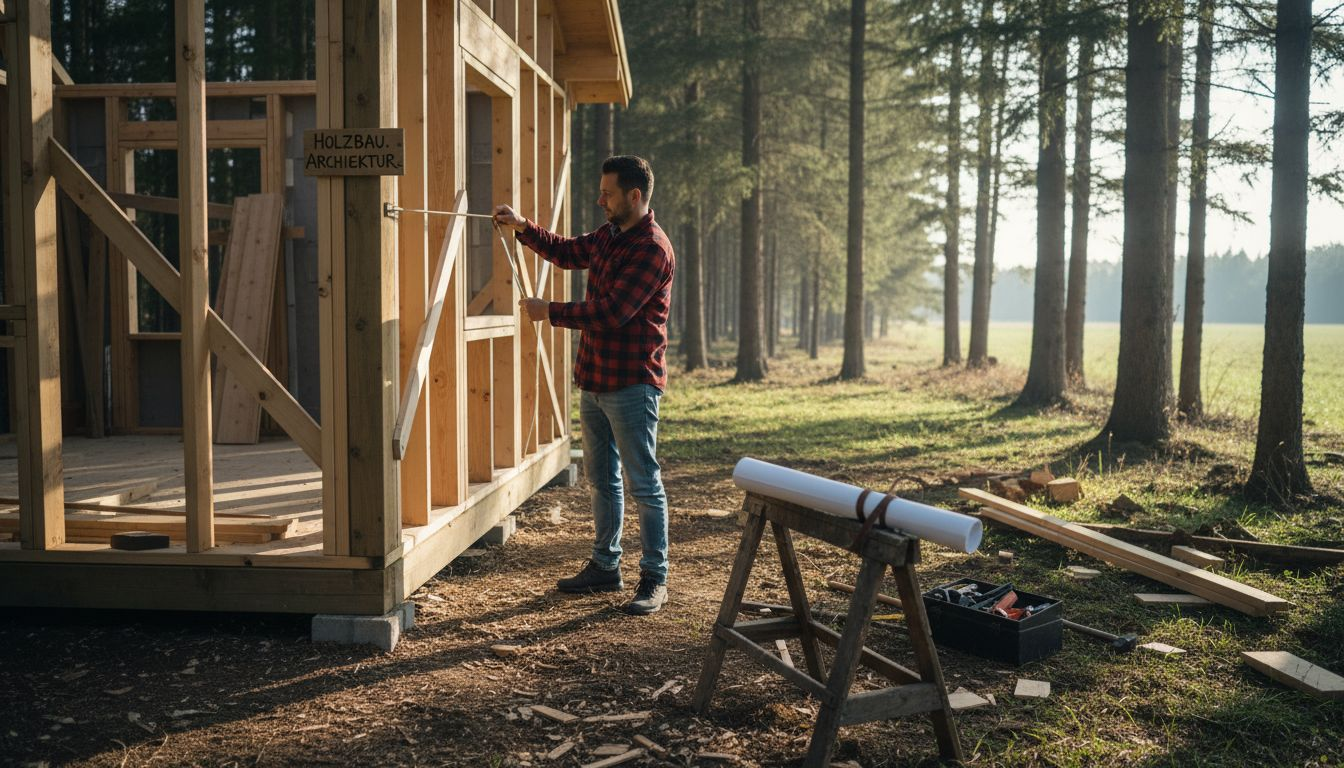 Ein Architekt entwirft eine gemütliche Holzhütte mitten im Wald.