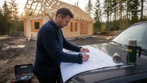 En mann planlegger byggingen av en laftehytte.