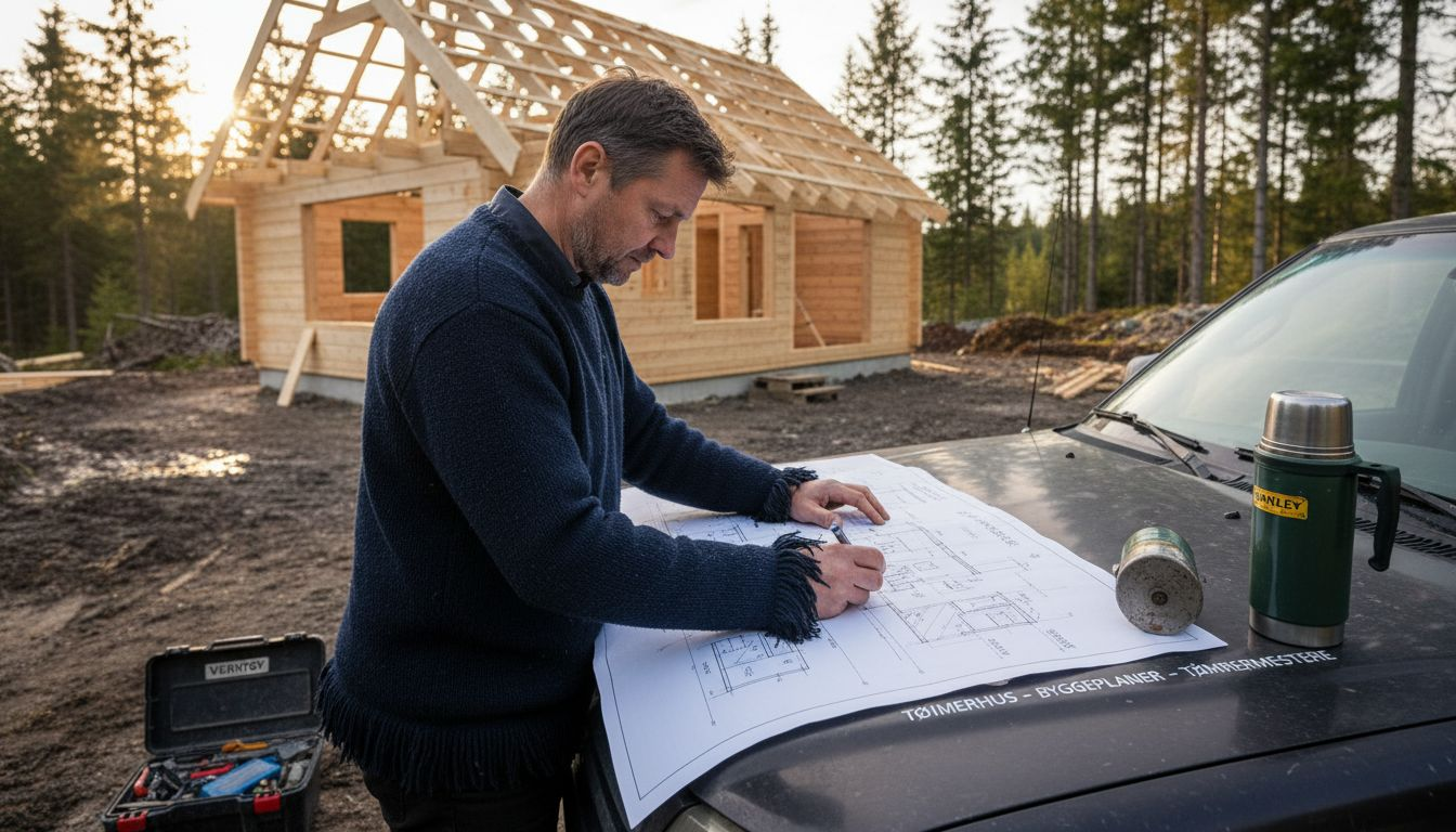 En mann planlegger byggingen av en laftehytte.