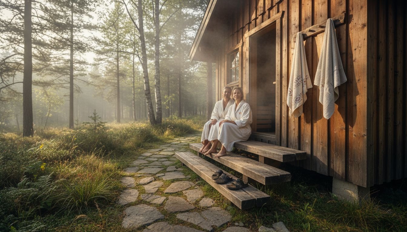 Couple relaxing outside custom cedar sauna cabin