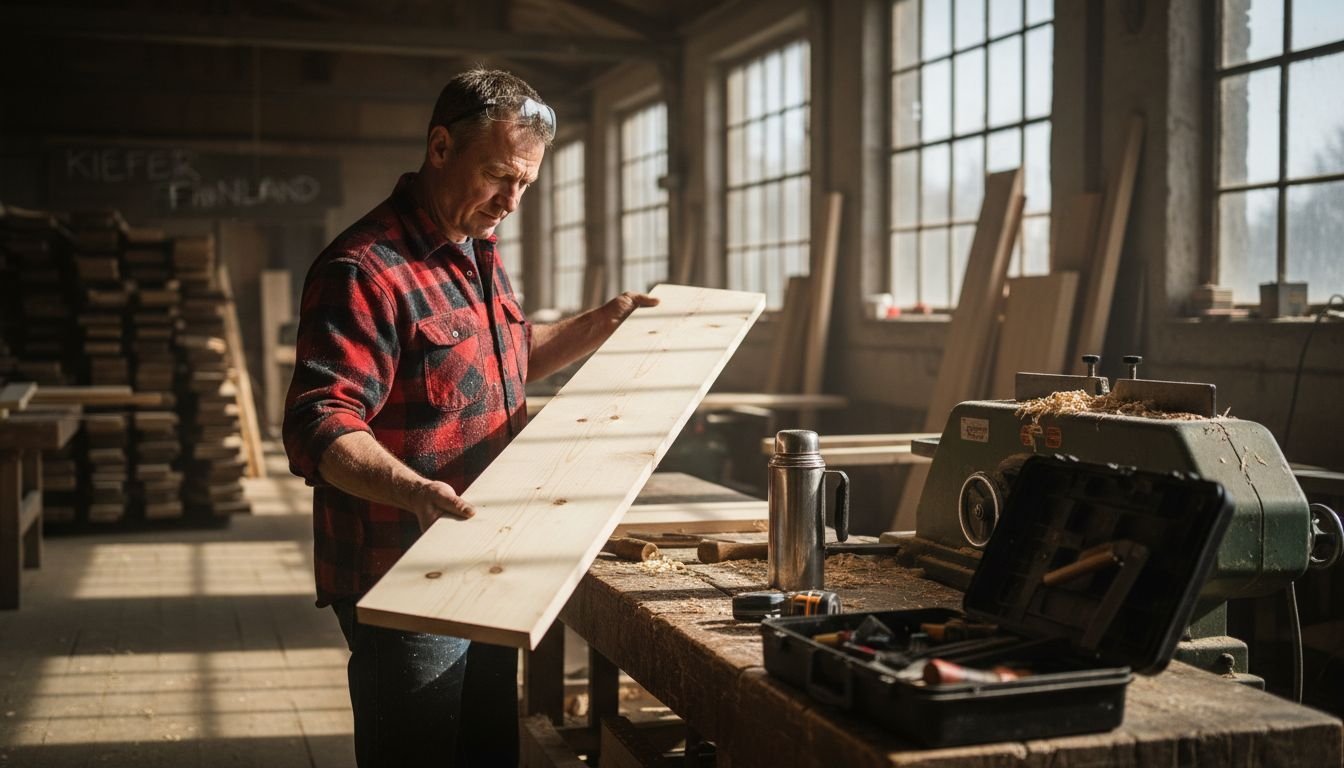 Ein Schreiner begutachtet in seiner Werkstatt sorgfältig Kiefernholz aus Finnland.