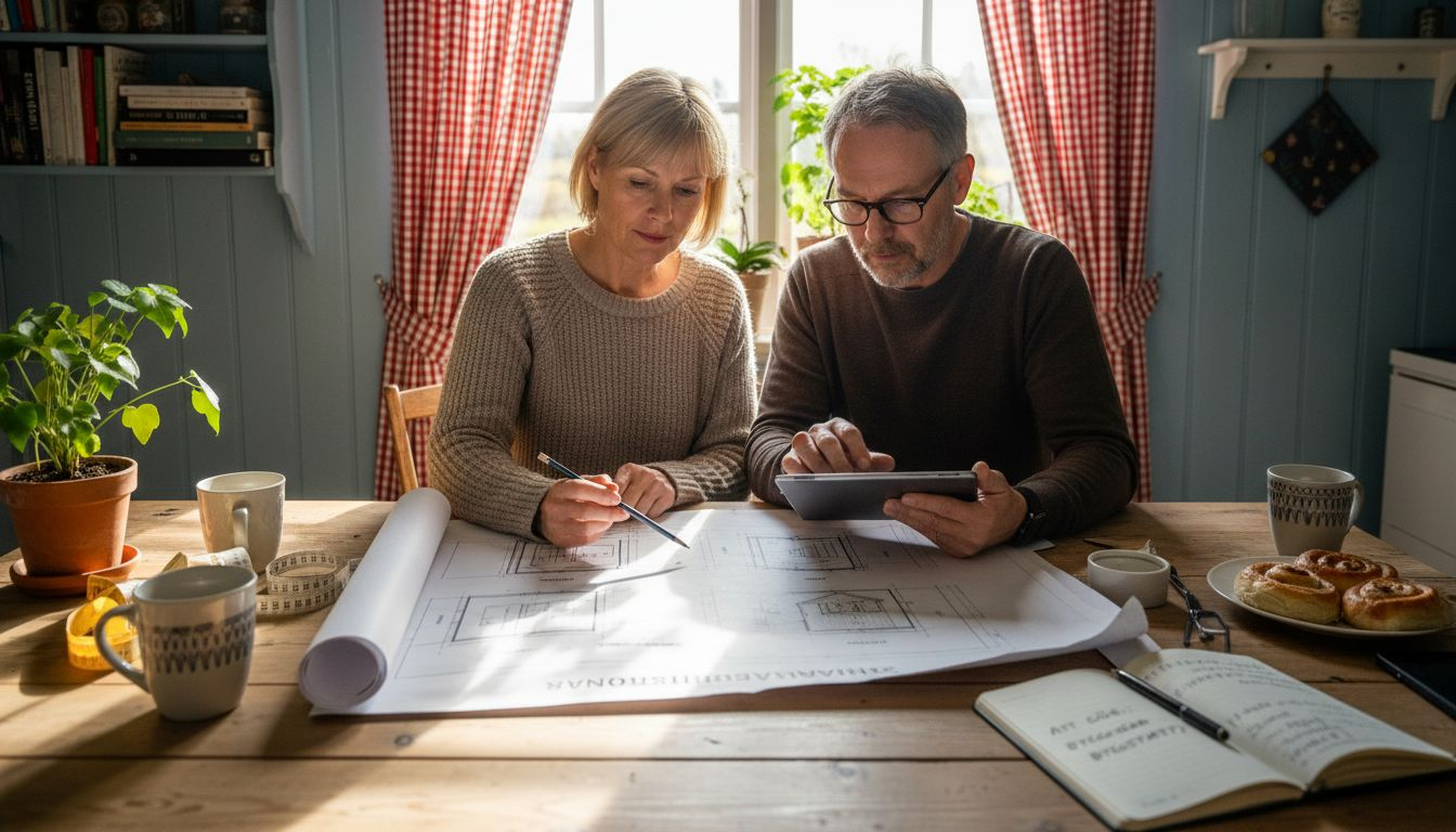 Ett par sitter och granskar ritningarna till sitt framtida fritidshus.