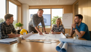 Prosjektlederen tar initiativ til en gjennomgang av forberedelsene før byggearbeidet starter.