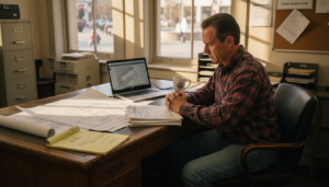 Man reviewing timber home permit paperwork