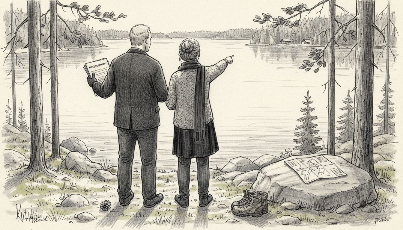 Pariskunta tutustumassa järvenrantatonttiin mökkihaaveiden merkeissä.