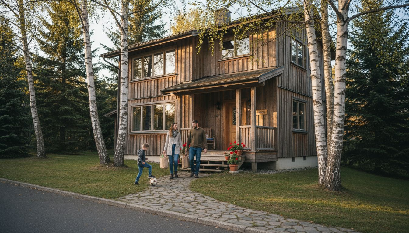 Eine Familie nähert sich dem modernen Holzhaus und freut sich auf das Ankommen.