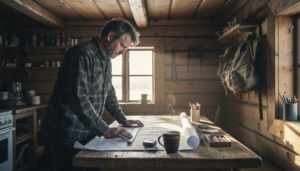 En mann studerer byggetegningene mens han sitter inne i en tradisjonell tømmerhytte.