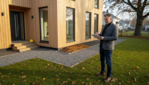 Arkitekten står framför ett modernt trähus med vackra naturinslag