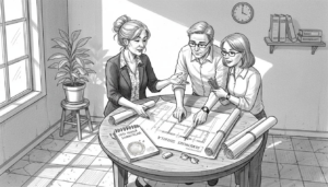 Arkkitehti käy läpi puuhuvilan piirustuksia yhdessä pariskunnan kanssa.