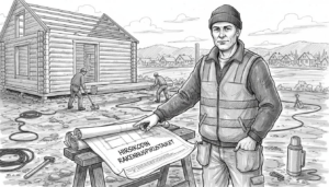 Hirsitalon rakennustyömaalla työnjohtaja ja rakentajat vauhdissa.