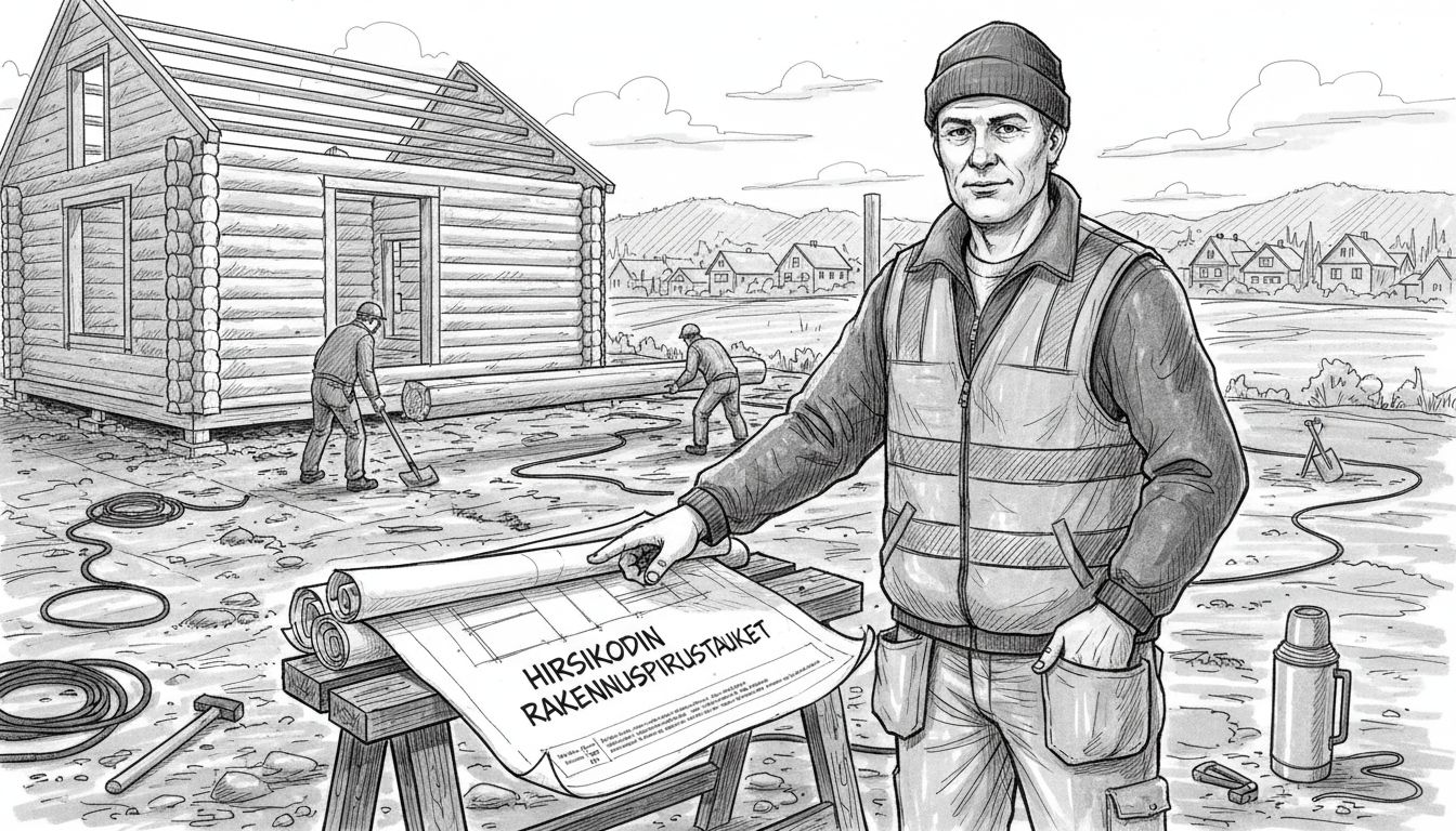 Hirsitalon rakennustyömaalla työnjohtaja ja rakentajat vauhdissa.