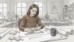 Insinööri hahmottelee puurakenteen yksityiskohtia luonnoslehtiöön.