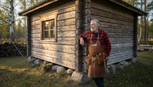 Ein Zimmermann macht eine Pause und lehnt sich entspannt an ein traditionelles finnisches Holzhaus.