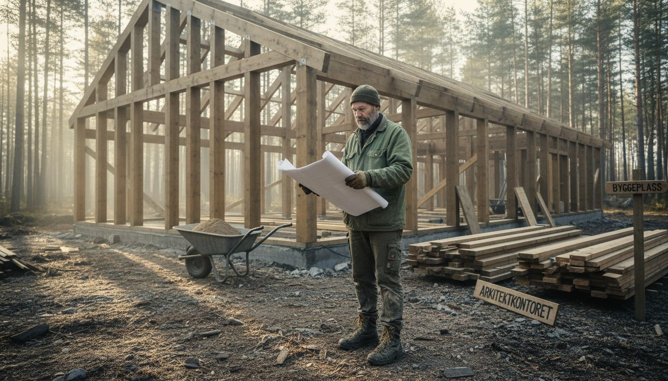 En arkitekt inspiserer et trehus midt i skogen.