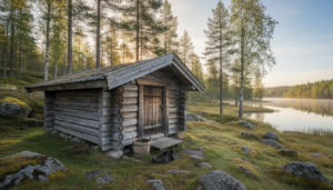 En timrad bastu vid sjökanten i gryningens första ljus.