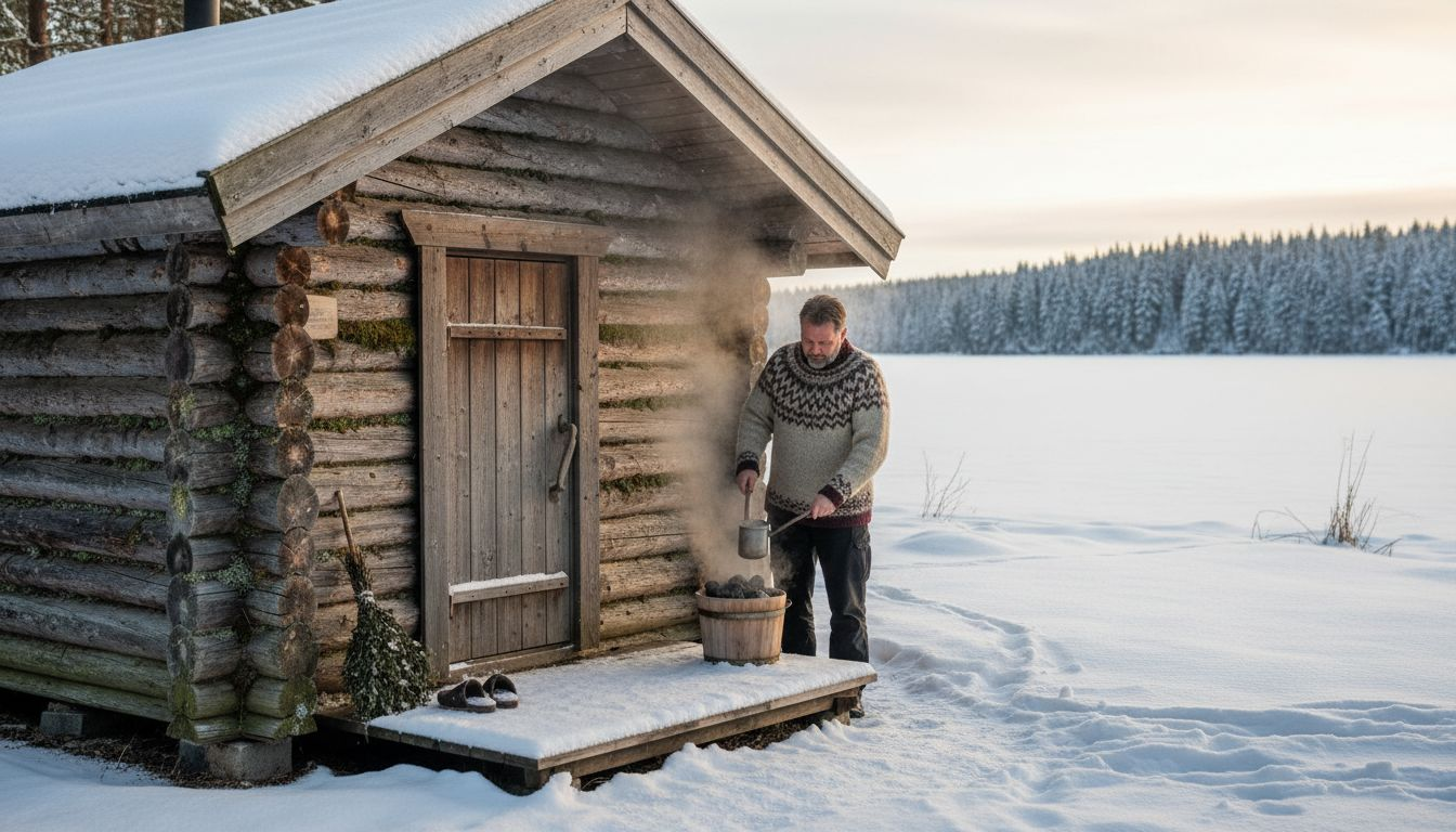 Traditional Finnish log sauna by snowy lake
