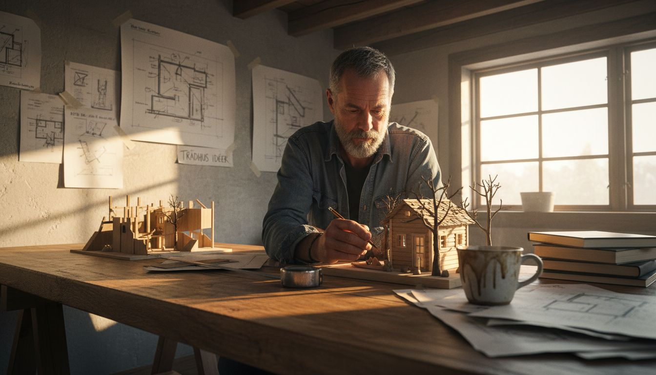 En person sitter vid sitt skrivbord och skissar på en modell av ett trähus.