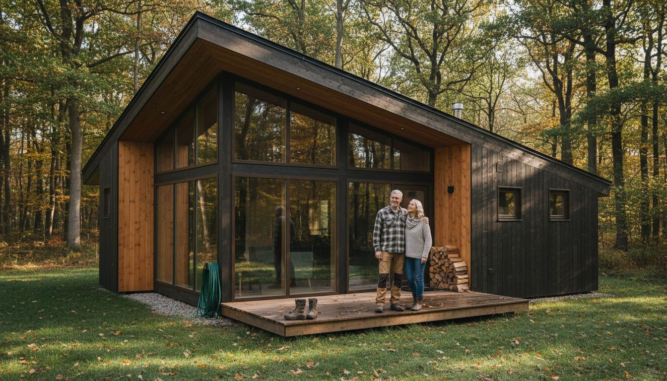 Couple outside custom wooden villa in morning
