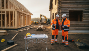 Der Bauleiter überprüft die Konstruktion von Holzrahmenhäusern und Blockhäusern vor Ort.