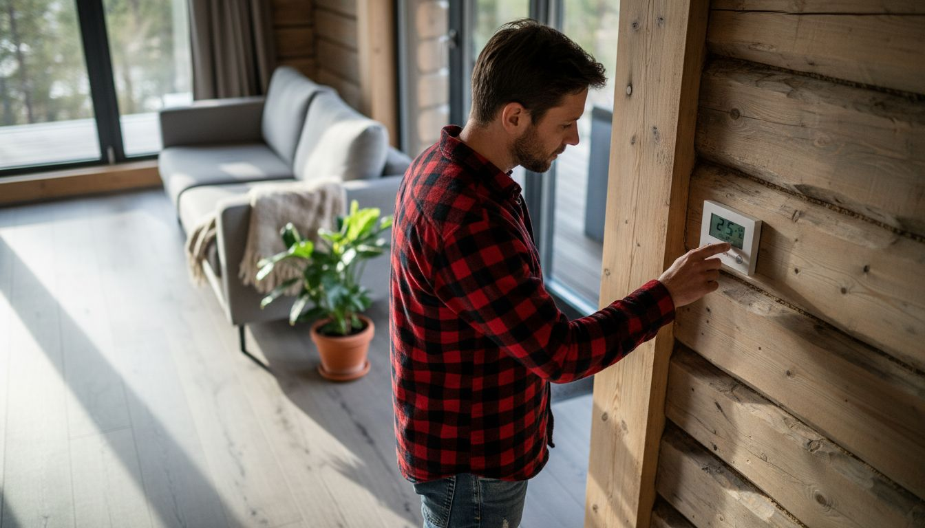 En person ställer in värmen i ett energieffektivt trähus.