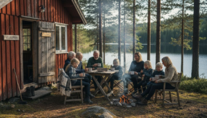 Familien koser seg på hytta
