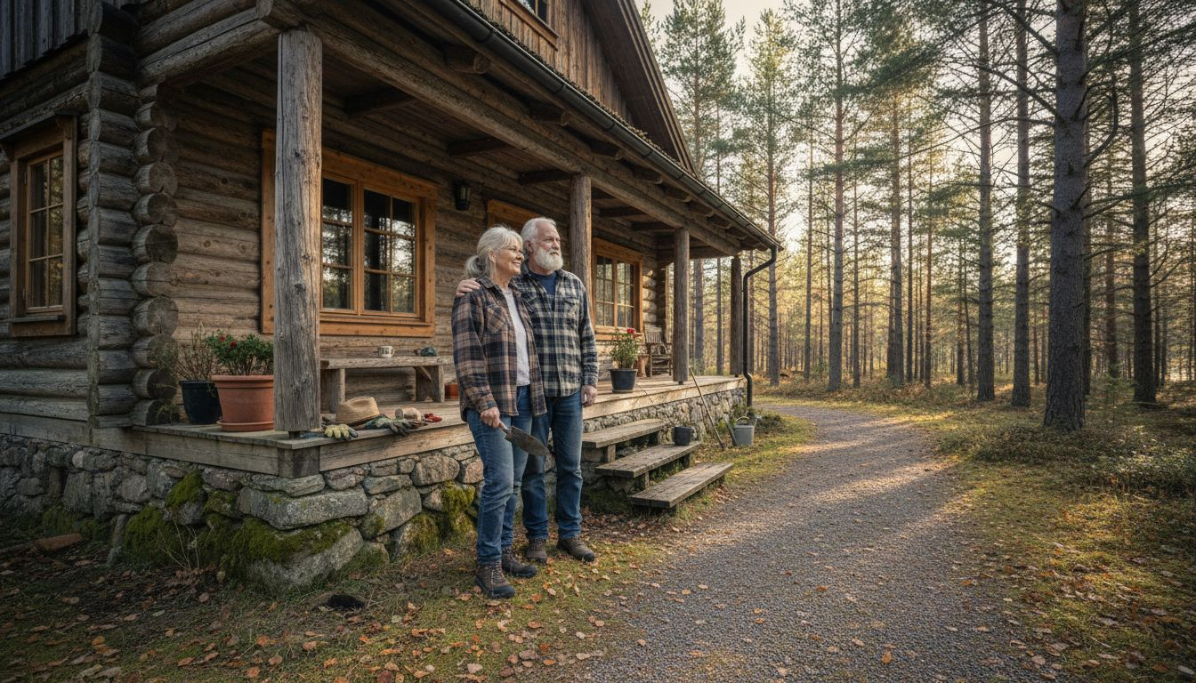 Log house with porch and retired couple